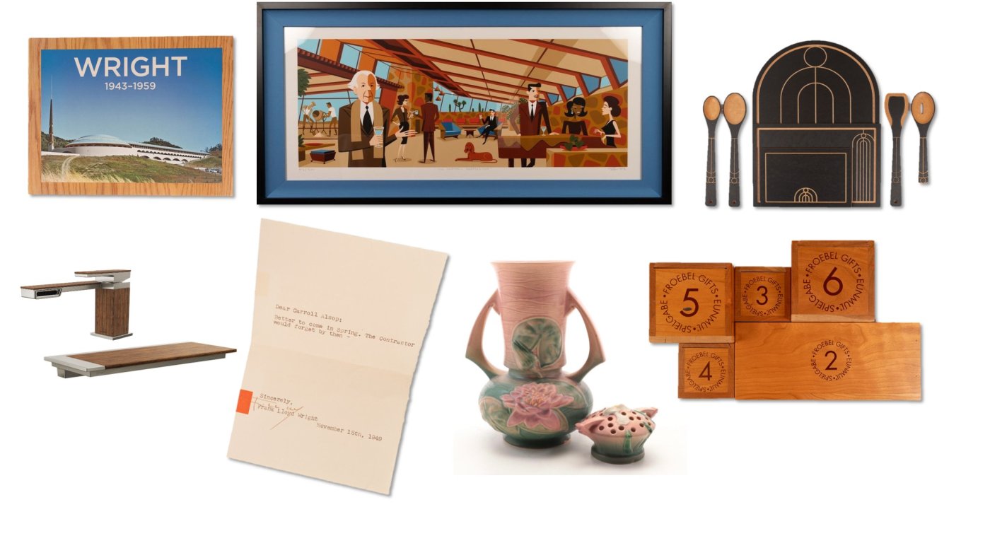 Collage of items available in the Frank Lloyd Wright Building Conservancy's 2023 online silent auction