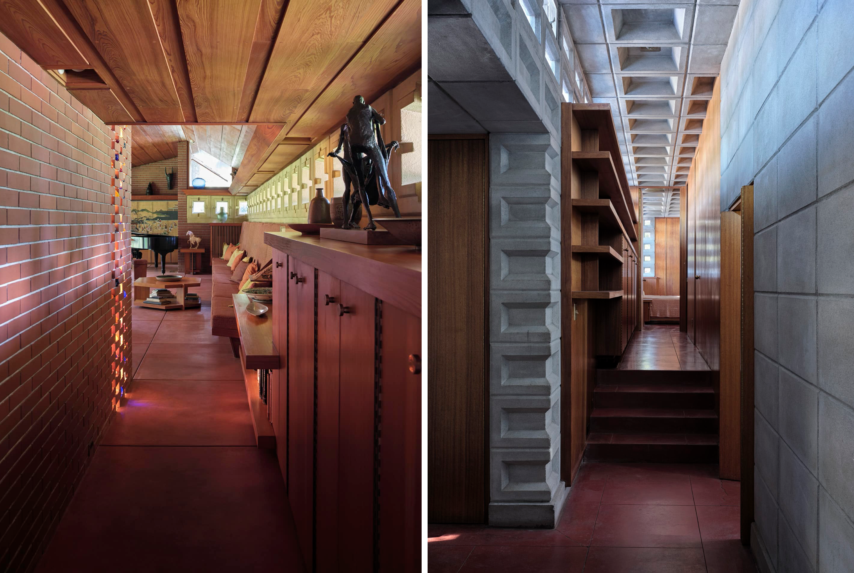 Two vertical photos side-by-side allowing comparison of long corridor views of a Usonian and a Usonian Automatic house