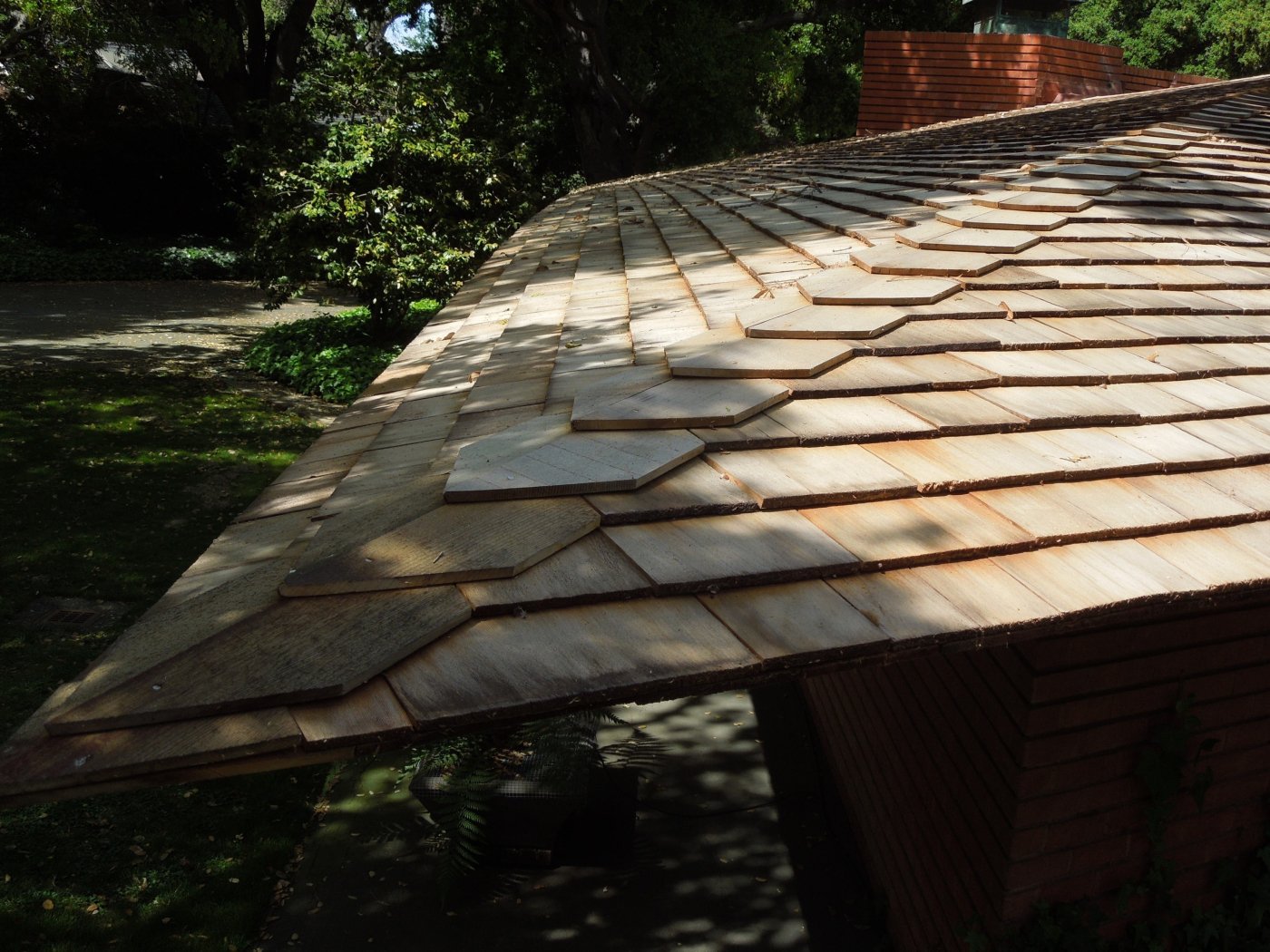 Photo of wood shingle roof of Frank Lloyd Wright-designed house.