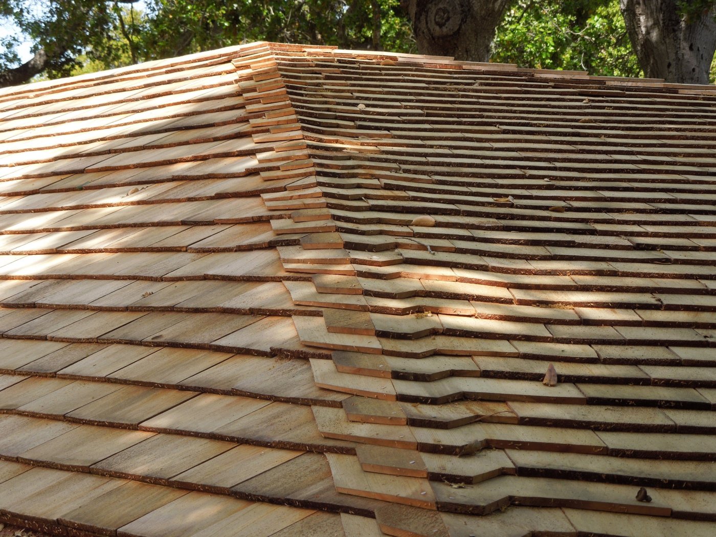 Photo of wood shingle roof of Frank Lloyd Wright-designed house